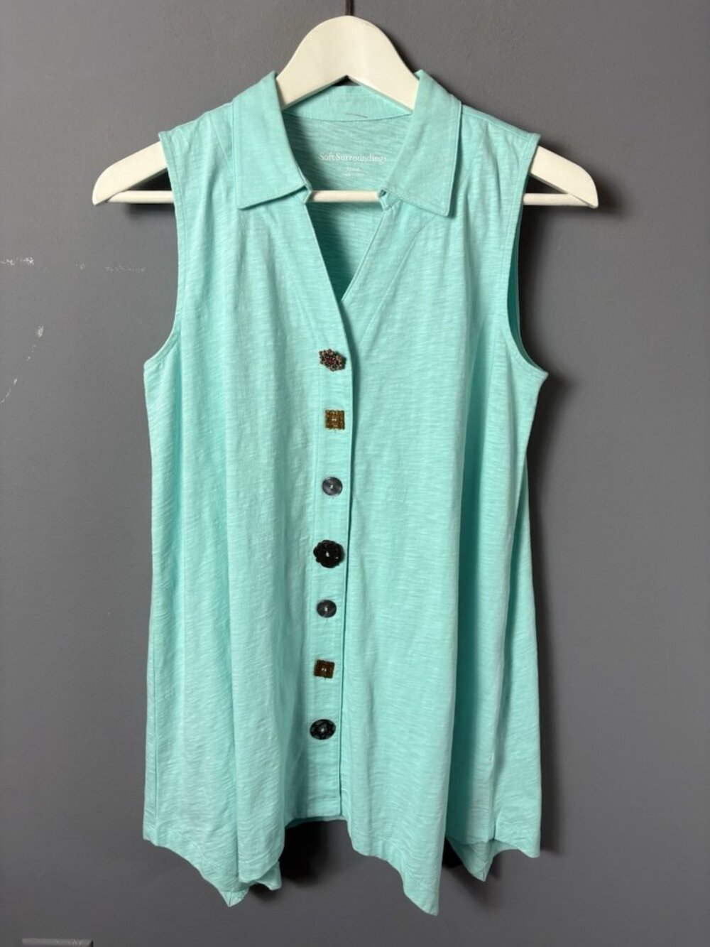 SOFT SURROUNDINGS Womens XS Danielle Button Sleeveless Tunic Top Light Aqua Blue